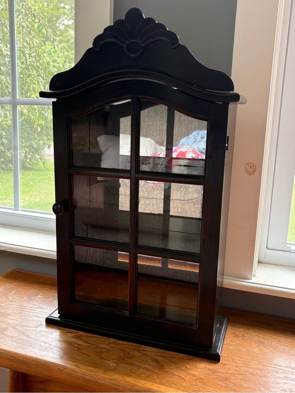 Restored vintage dark Wood & glass wall display cabinet collectibles display cas